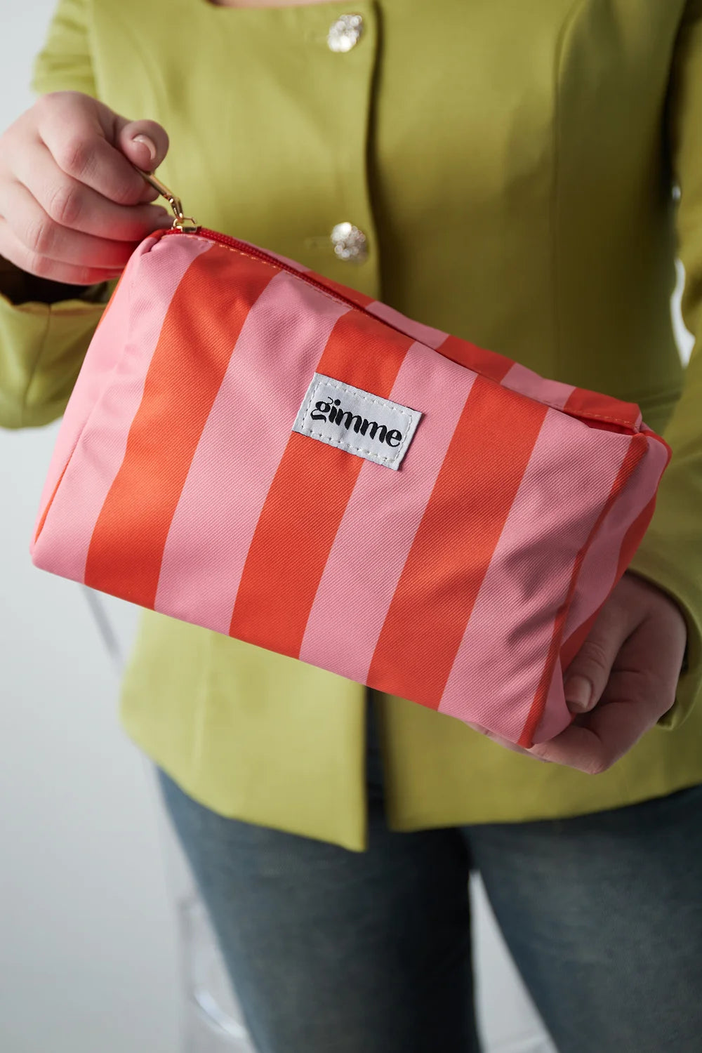 Gimme makeup tas roze oranje streep - zijaanzicht