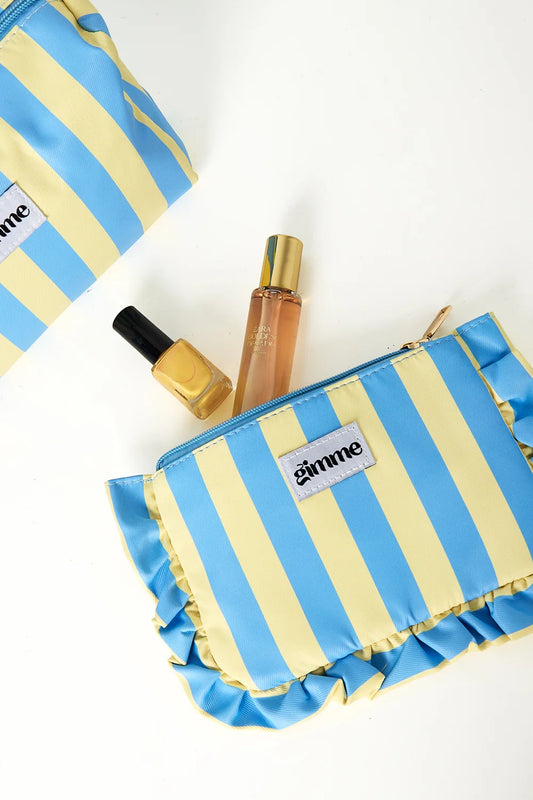 Gimme makeup tasje blauw geel streep met ruches - open met inhoud